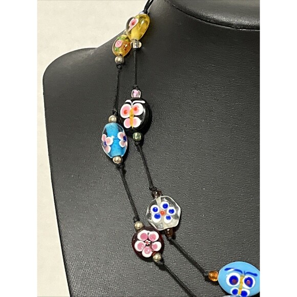 Set Of 2 Vintage Lampwork Art Glass Beaded Necklaces Flowers Butterflies 15” - Picture 3 of 7